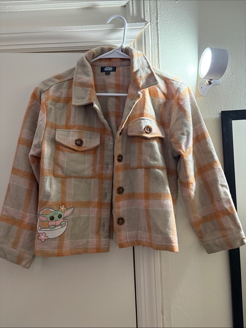 Star Wars Beige & Orange Plaid Kids Button Jacket with Grogu Patch